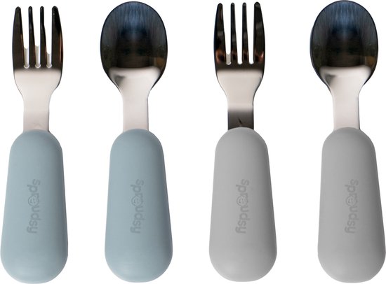 Couverts pour enfants Sproudsy - Bébé - 2 Cuillères et Fourchettes Bébé - Couverts Bébé - Sans BPA - Acier Inox - Blauw Grijs