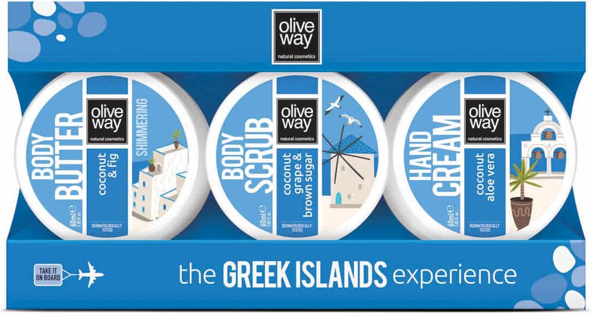 Goedkoopste NIEUW Oliveway kadoset Body Butter, Body Scrub en Handcreme, met natuurlijke ingrediënten zoals kokosolie, vijgextract, pantenol, en aloë vera extract, die samen zorgen voor een stralende en zijdezachte huid