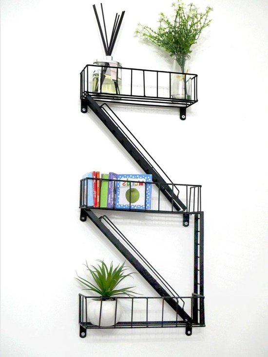 Marco Paul Interiors Wandplank, leuke planken, Fire Escape Look zwevende plank unit, zwarte display opslag oplossing, lounge slaapkamer boek planken, New York nieuwigheid stalen frame