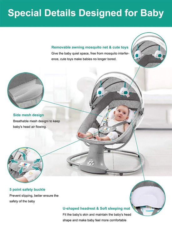 EML STORE Baby Wipstoel - Baby Wiegstoel - Baby Schommelstoel - Elektrisch - Muziek - Afstandbediening - Roze van EML STORE — afbeelding 3