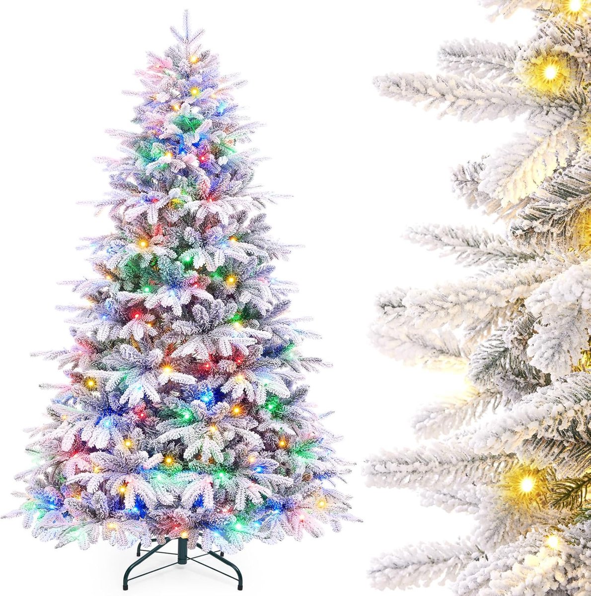 Stralende Kunstkerstboom Met LED Lampjes En Sneeuwvlokken - 210 Cm Van Perfecte Kerstdecoratie
