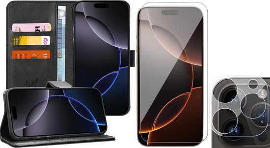Hoesje geschikt voor iPhone 16 Pro - Screenprotector Glas & Camera - Portemonnee Book Case Zwart