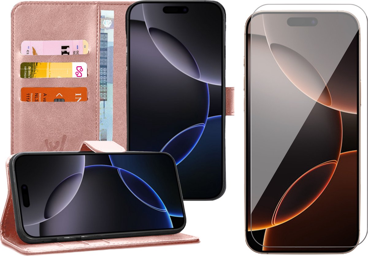 Hoesje geschikt voor iPhone 16 Pro - Screenprotector Glas - Portemonnee Book Case Rosegoud