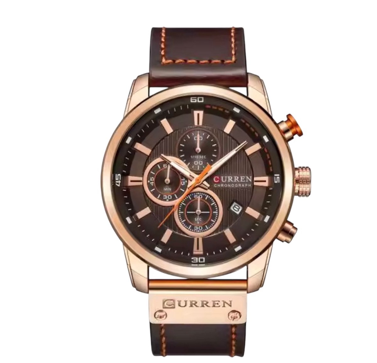 Curren Herenhorloge - Leren Band - Polshorloge - Heren - Horloge - Geschenkdoos - Mannen - Rosé - Polsband Bruin - Horlogedoos