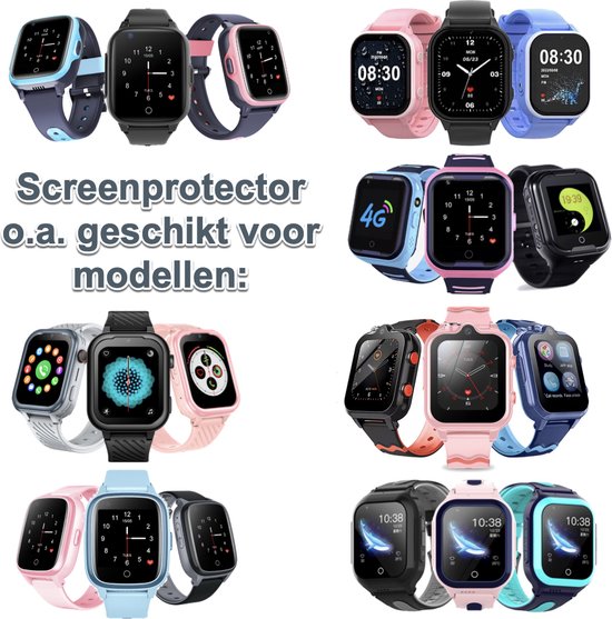 Collage van kinder smartwatches in verschillende kleuren en met diverse wijzerplaten.