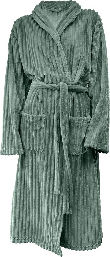 Eleganzazz Peignoir Uni en Polaire côtelé Teddy - Vert Olive - L - Peignoir Badjas - Badjas