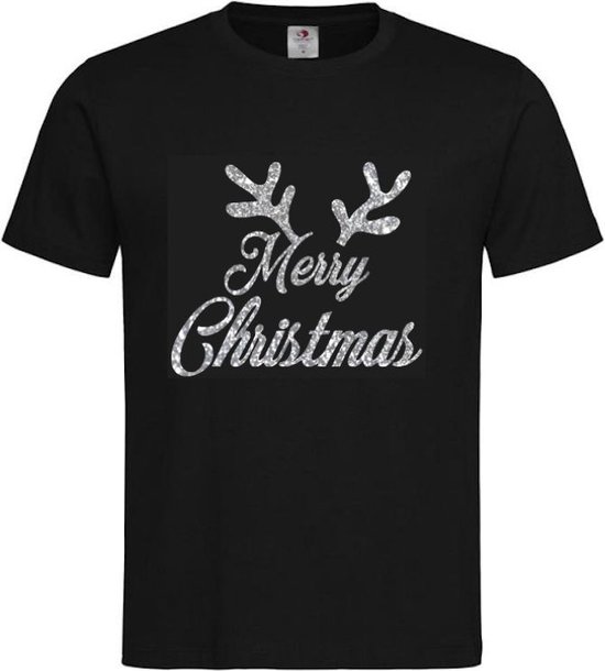 T-shirt Enfants Noël Noël "Joyeux Noël avec des bois" | manche courte | Zwart/ Argent PAILLETTES | taille 98/104 (XXS)