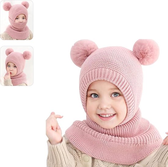 Foulards d'hiver 3 en 1 Enfants , écharpes et cache-oreilles, bonnets tricotés d'hiver, bonnet chaud Garçons et Filles , bonnet pour tout-petits de 1 à 5 ans, 1 pièce (rose)