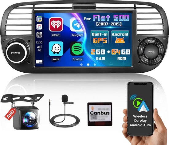 Autoradio Hikity 9 Pollici Per Fiat 500 (2007-2015): Android 15, 8 Core, 4+64GB, CarPlay Wireless, Android Auto, GPS, DAB, TDA7708, Telaio Bianco - 2