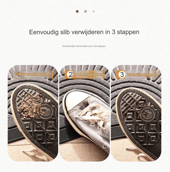 Drie stappen om vuil te verwijderen: schoenzool vuil, schoen op mat, schone schoenzool.