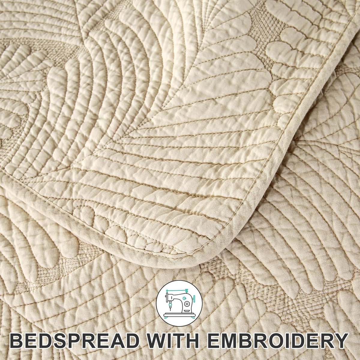 Goodivery ® Beige Katoenen Bedsprei 250 x 270 cm met Palmblad Borduursel en Kussenhoezen