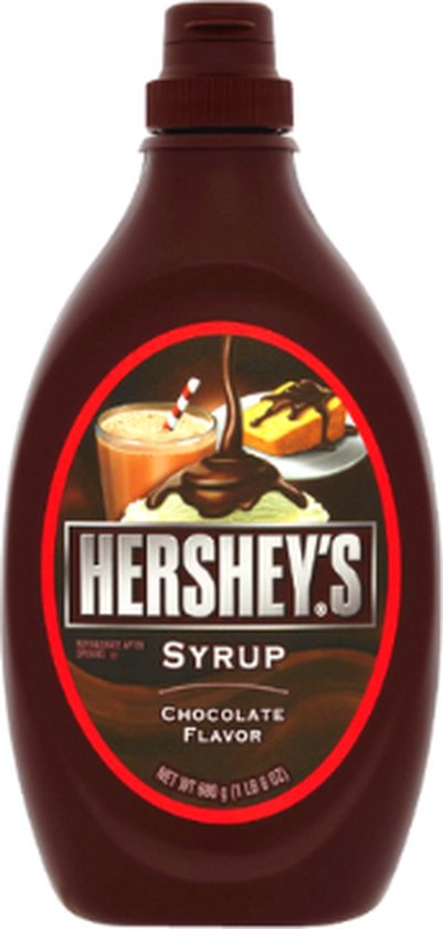 Hershey's Chocoladesiroop fles met label, "CHOCOLATE FLAVOR".