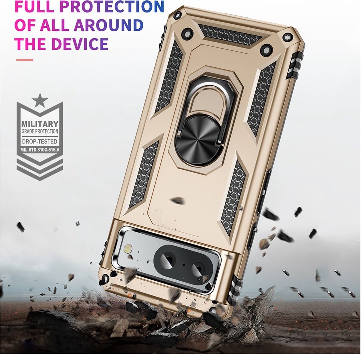 Mobigear Hoesje geschikt voor Google Pixel 8a Telefoonhoesje Hardcase | Mobigear Armor Ring Backcover Shockproof met Ringhouder | Schokbestendig Pixel 8a Telefoonhoesje | Anti Shock Proof - Goud