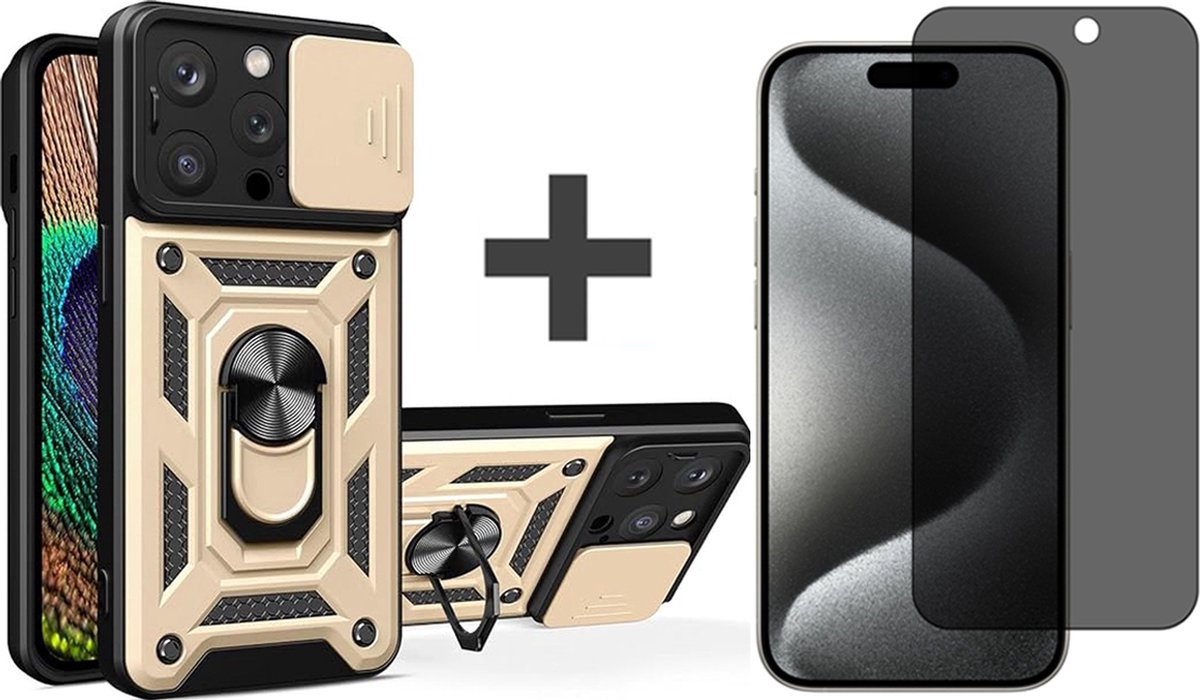 Hoesje met Privacy screenprotector Geschikt voor iPhone 15 Pro Max met Ringhouder en Camera schuifje - Arara backcover - Goud