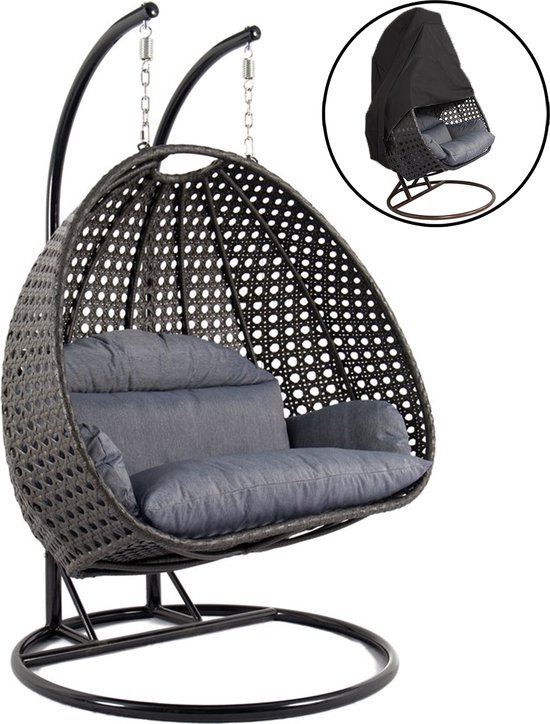 Hangstoel Dubai met Weerhoes - Zwart frame - met Luxe Kussen -146*70*124 - Luxe 2 persoons schommelstoel