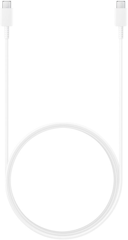 Witte USB-C naar USB-C kabel van 1,8 meter, met de Samsung logo op de connectoren.