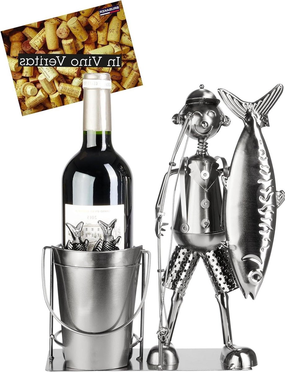 Grote Vangst Visser met Vis Hengel en Emmer Metalen Visfleshouder 30 cm Viswijngeschenk Decoratieve Flessenhouder met Wenskaart