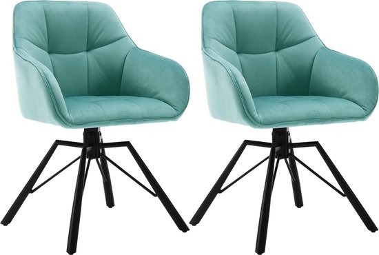 KTN® - Lot de 2 Chaises de salle à manger - Assise pivotante à 360 degrés - Dossier - Accoudoir - Fauteuil - Chaises de salon - Sièges baquets - Velours - Tissu velours - Assise rembourrée - Pieds en métal - Turquoise