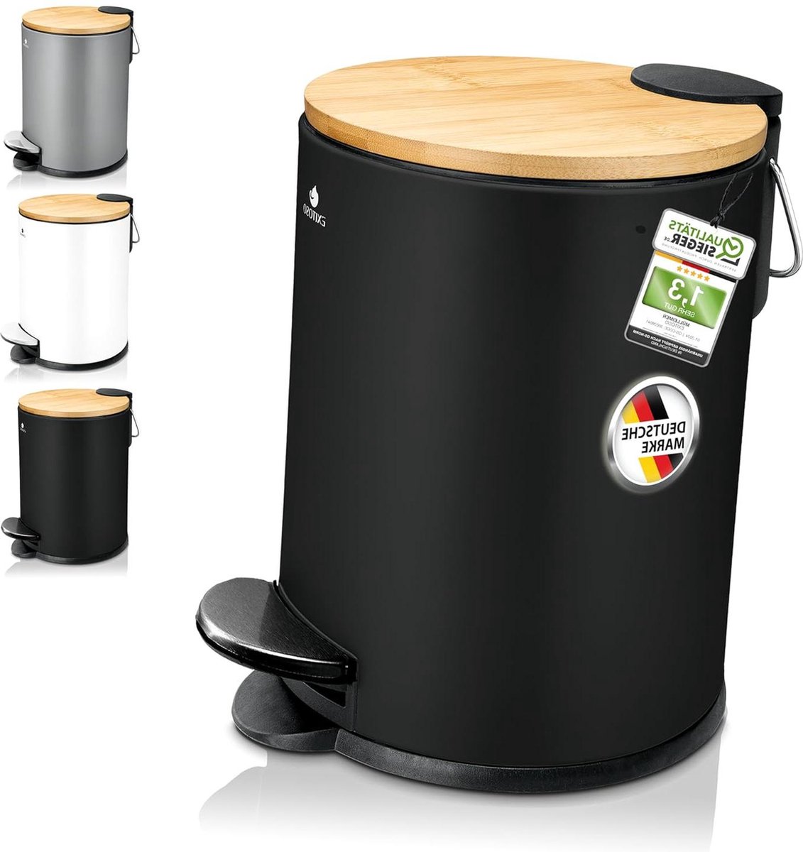 3 Liter Kleine Badkamerafvalbak Zwart Bamboe Antislip RVS Soft-Close Deksel