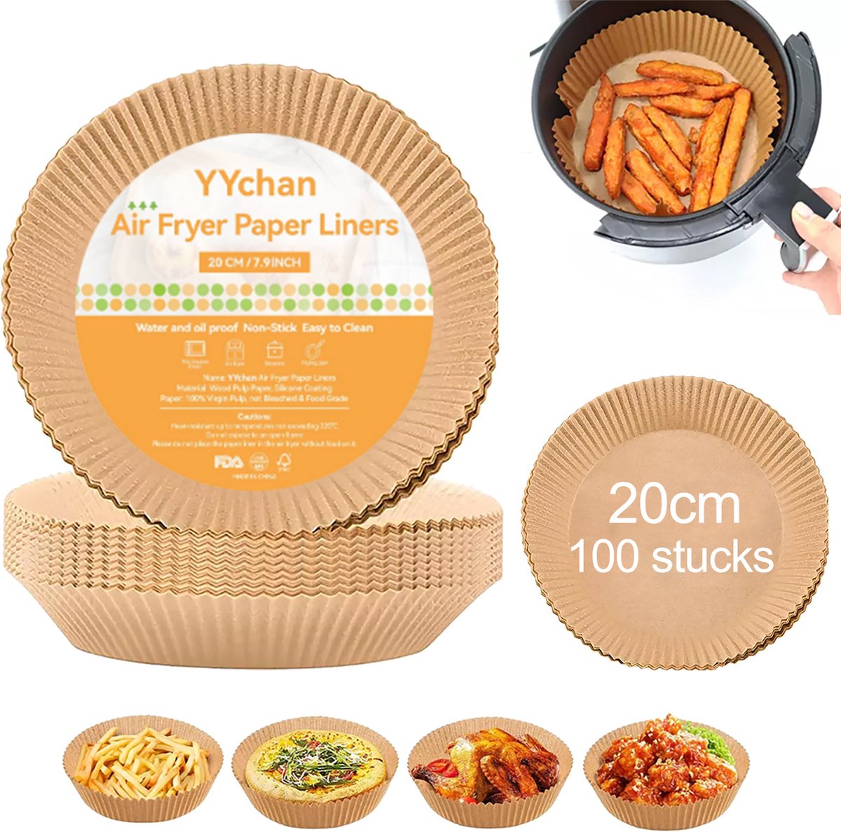 YYchan Airfryer bakpapier - 100 stuks - Rond 20 tot 23 cm - 20CM bodemdiameter -Wegwerpbakjes - Rond-Wegwerp bakjes voor airfryer – Airfyer accesoires