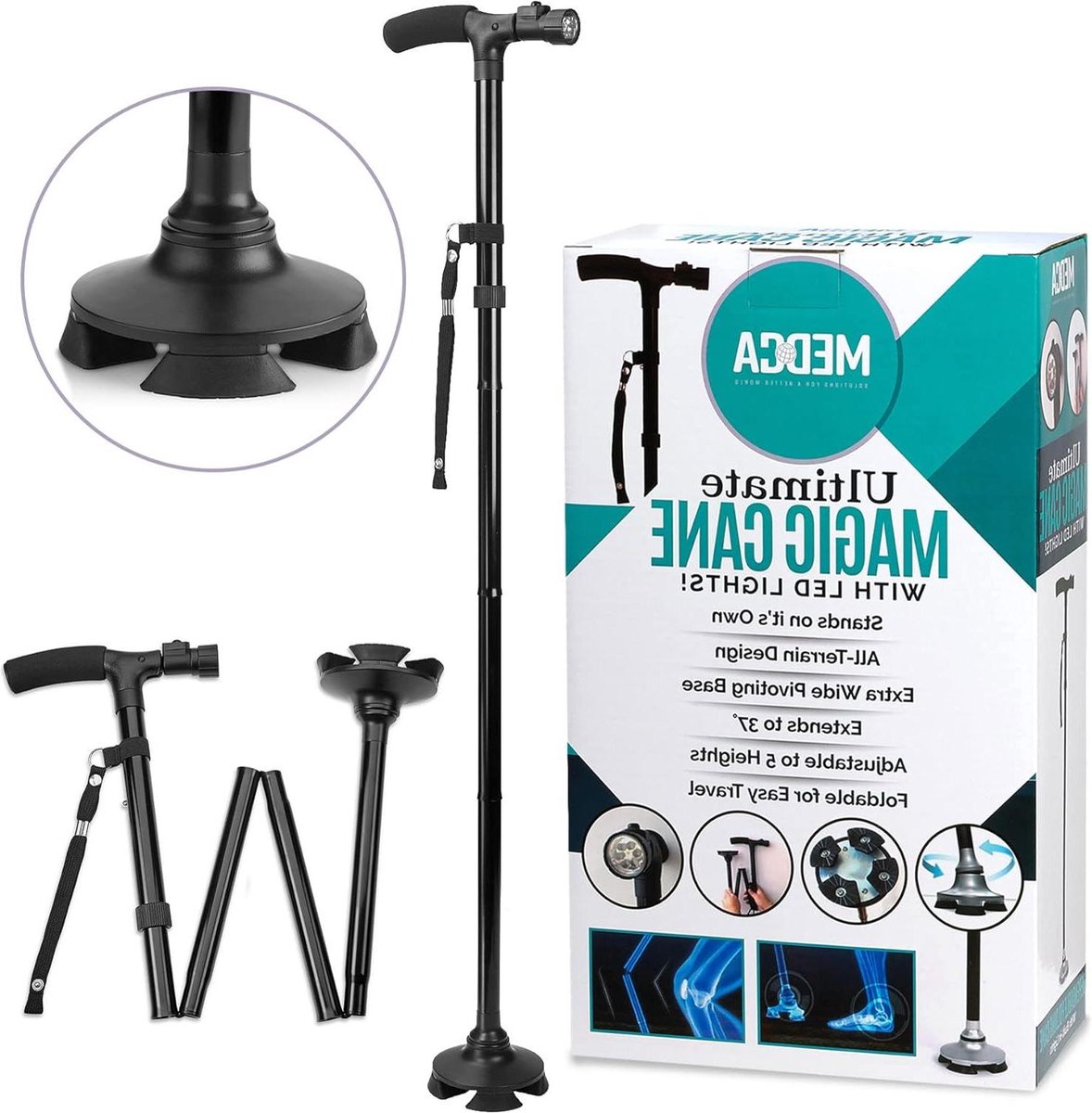 Wandelstok Led Light verstelbare 37 Inch opvouwbare wandelstokken-zwart-Rubberen voetjes-mobiliteit-mannen-vrouwen