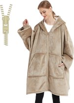 Q-Living Hoodie Deken - Oversized Hoodie - Plaid Met Mouwen - Snuggle Hoodie - Fleece Deken Met Mouwen - 1450 gram - Kaki Met Rits
