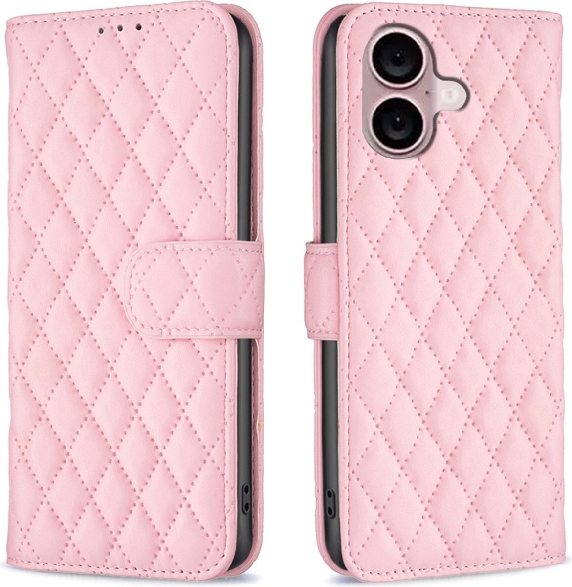 BINFEN Hoesje - Geschikt voor iPhone 16 Hoesje - BINFEN Rhombus Book Case - Roze