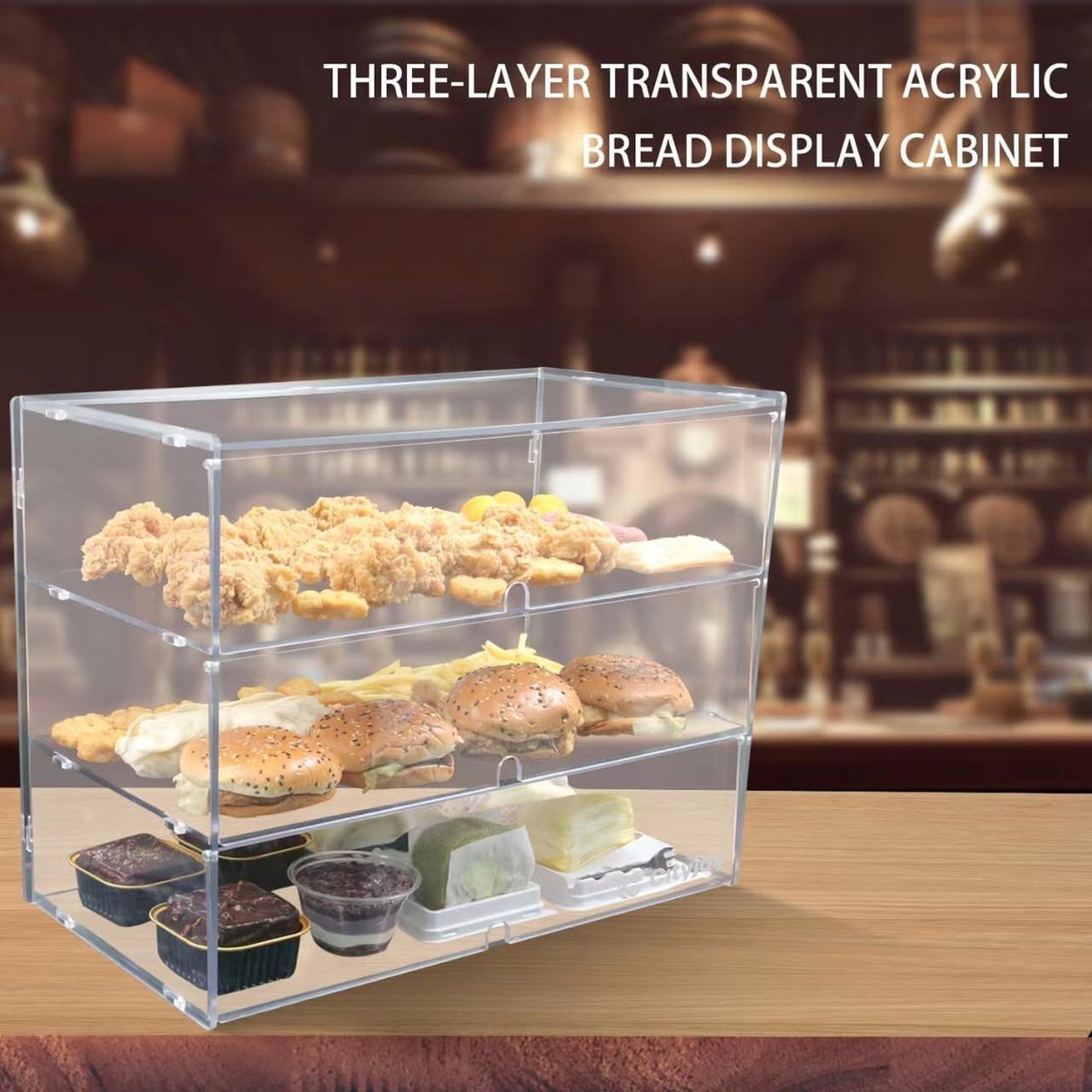 Cityjoy 3-laags aanrecht bakkerij vitrine met elastische auto-deur, 19,5 x 14,9 x 10,3 acryl gebak vitrinekast voedsel vitrine doos voor brood dessert koekjes bakken