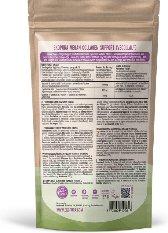 Bruine zak met 'Vegan Collagen Support' erop, met voedingsinformatie. De zak bevat 157g.