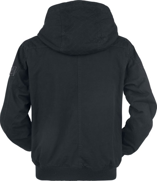Zwarte jas met capuchon, geruite details op schouders en capuchon, en een elastische boord.