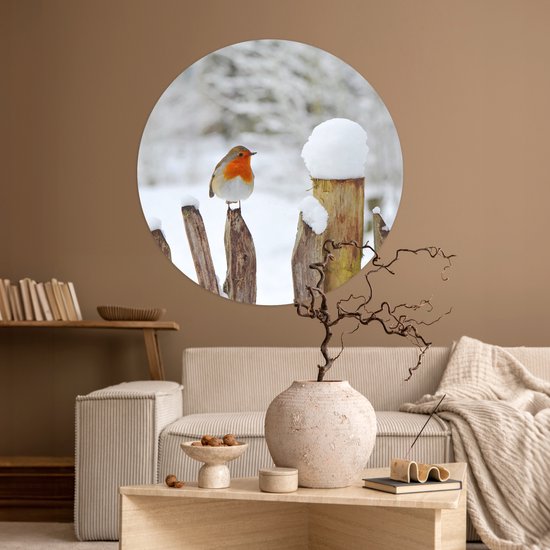 WallCircle® - Papier peint cercle 100x100 cm - Stickers muraux Rouge-gorge sur une clôture enneigée - Cercle mural salon - Cercle mural chambre - Décoration de chambre autocollante - Accessoires de Décoration murale XXL
