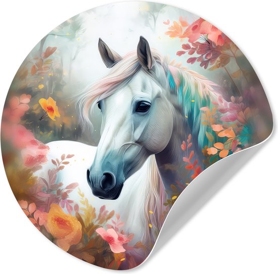 Muurstickers paard - Bloemen - Dieren - Roze - Behangsticker - Behangcirkel zelfklevend - Wandbekleding - Ronde muurdecoratie - 30x30 cm - Muursticker cirkel - Plak stickers - Wall sticker