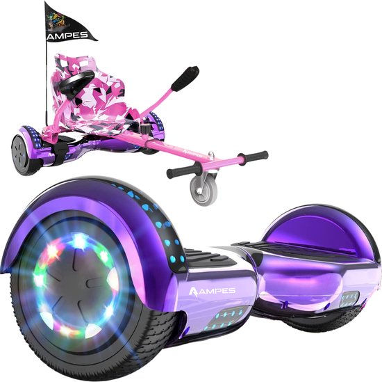 Paarse hoverboard met veelkleurige verlichte wielen en een roze camouflage hoverkart op de achtergrond.
