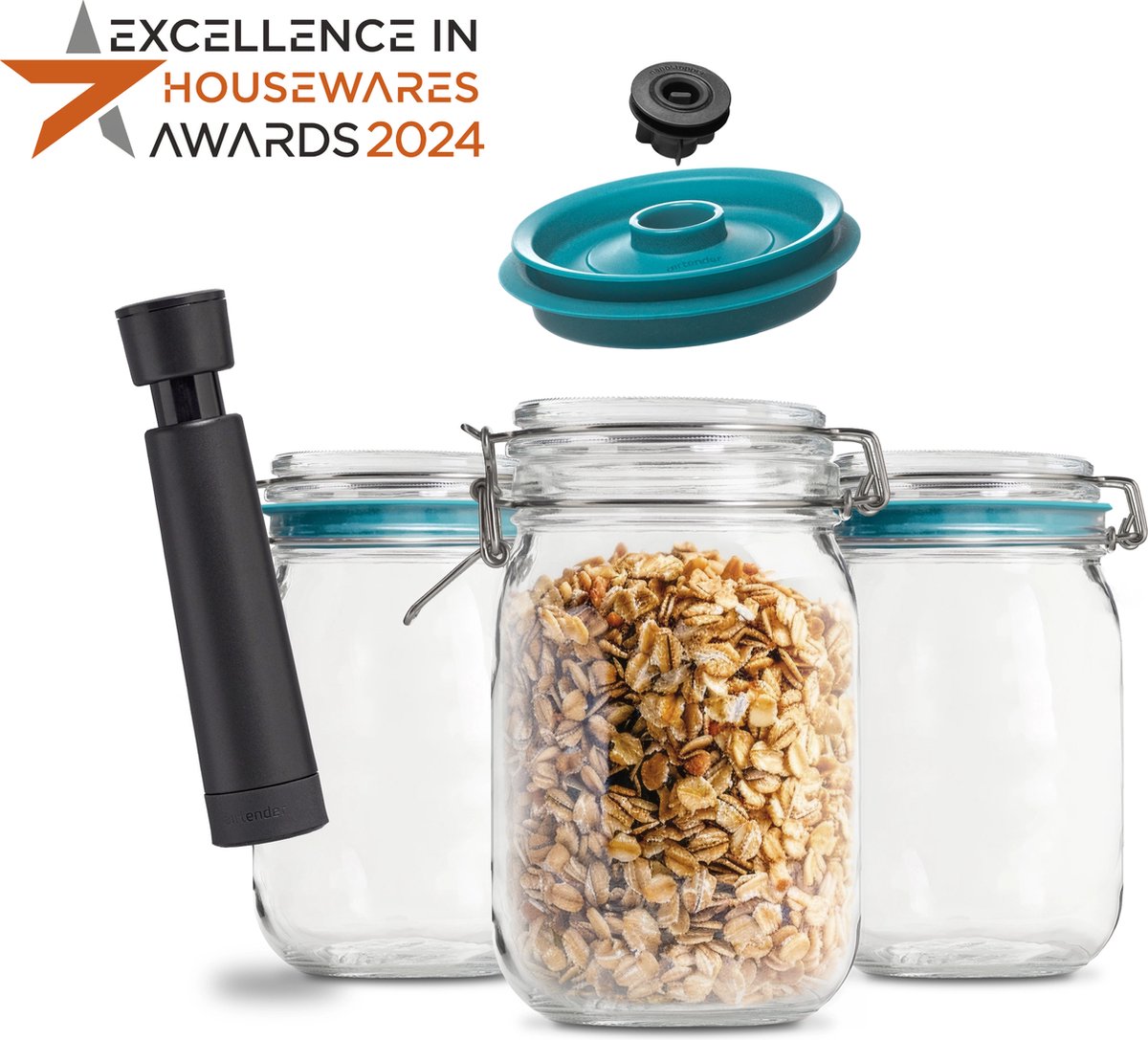 Airtender Vacuüm 1,5L Weckpotten | 3x Weckpot (1500ML) | 3x Vacuümdeksel | Vacuümpomp | Plastic vrij tot 5x langer bewaren! | O.a. voor koffie, koekjes, groente, fruit ... | De meal prep oplossing! | Alternatief voor plastic bakjes! | Made in Holland