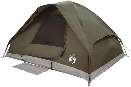 Bruine koepeltent met grijze onderkant, rode accenten en logo.