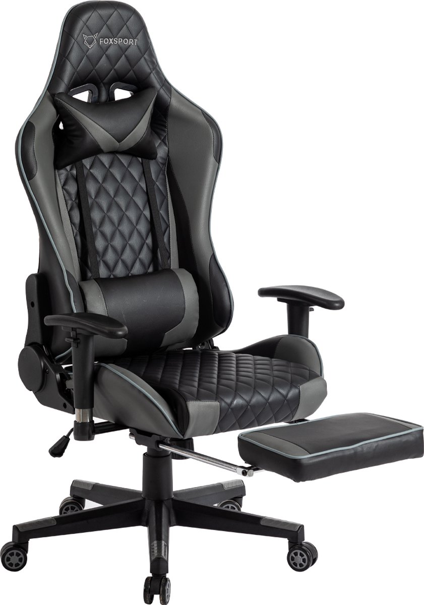 FOXSPORT verstelbare gaming chair - PC-bureaustoel met voetsteun - hoogte en helling verstelbaar - met hoofdsteun en lendensteun - gamingstoel voor kantoor - Zwart en grijs