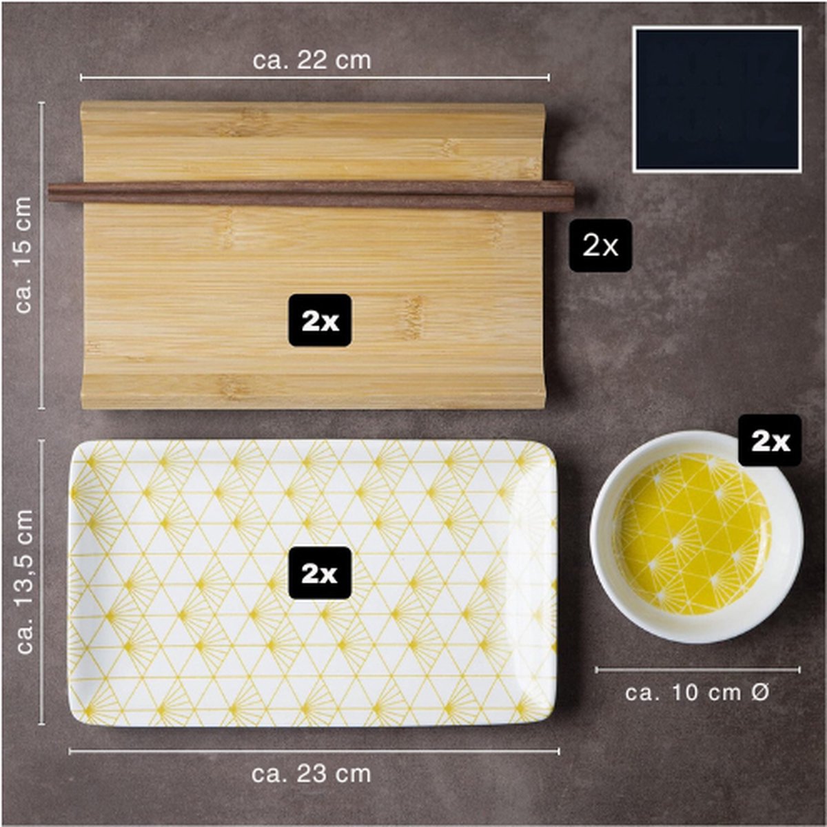 8-delige sushi serviesset voor 2 personen zwart - sushi serveerset met 2x sushitborden, dip-schaaltjes, staafjes