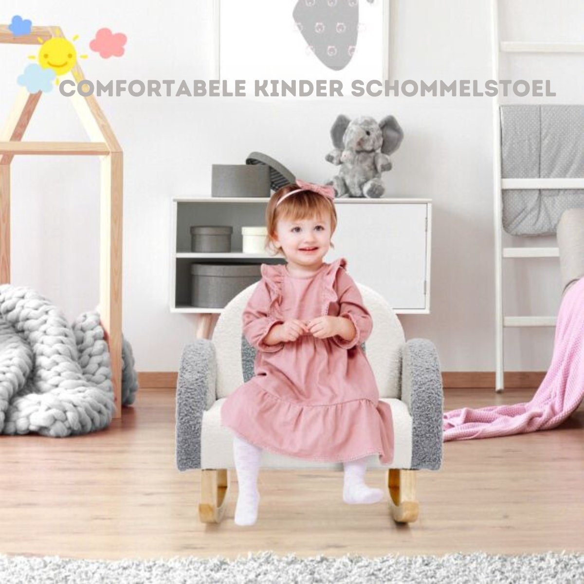 Trendmix Kinderschommelstoel Teddy Grijs – Schommelstoel Kind 3-5 Jaar – Ergonomisch & Zacht – Houten Onderstel – 50,8 × 49,5 × 50,8 cm — afbeelding 7