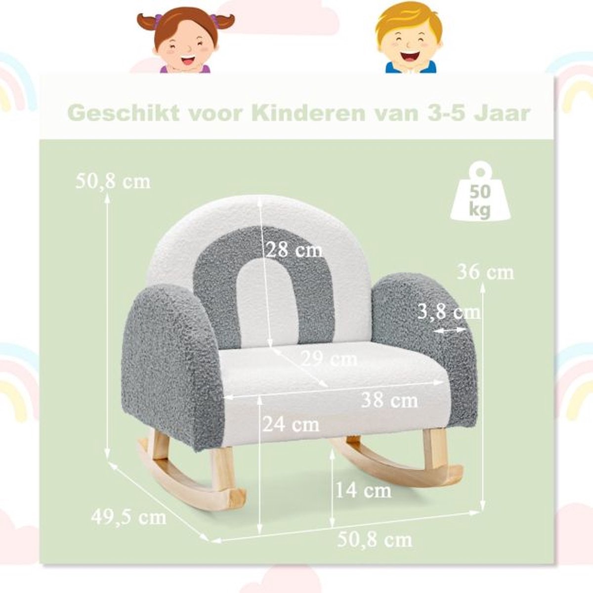 Trendmix Kinderschommelstoel Teddy Grijs – Schommelstoel Kind 3-5 Jaar – Ergonomisch & Zacht – Houten Onderstel – 50,8 × 49,5 × 50,8 cm — afbeelding 9