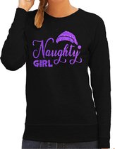 Pull de Noël moche Bellatio Decorations pour femme - Naughty Girl - noir - violet pailleté - bonnet de Père Noël M
