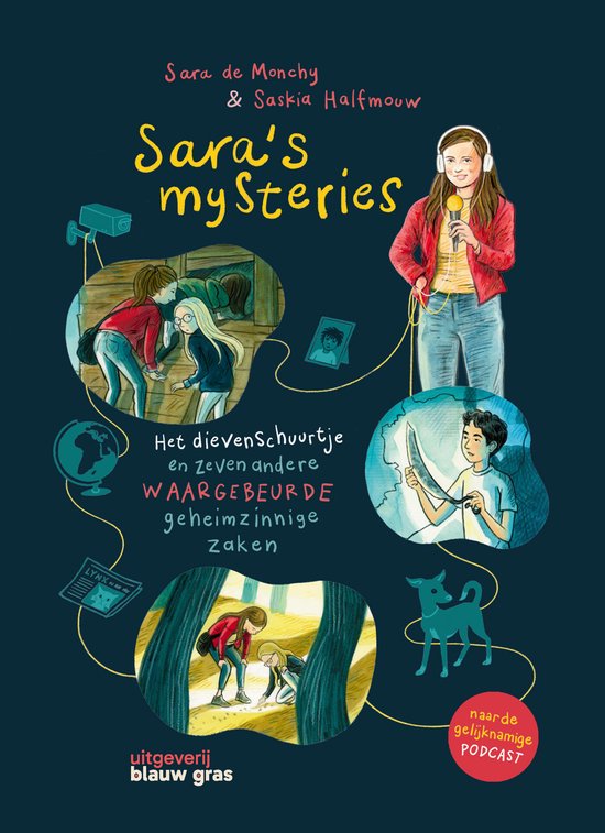 Boekomslag met de titel 'Sara's Mysteries' en illustraties van scènes uit het verhaal, inclusief een meisje met koptelefoon en microfoon.