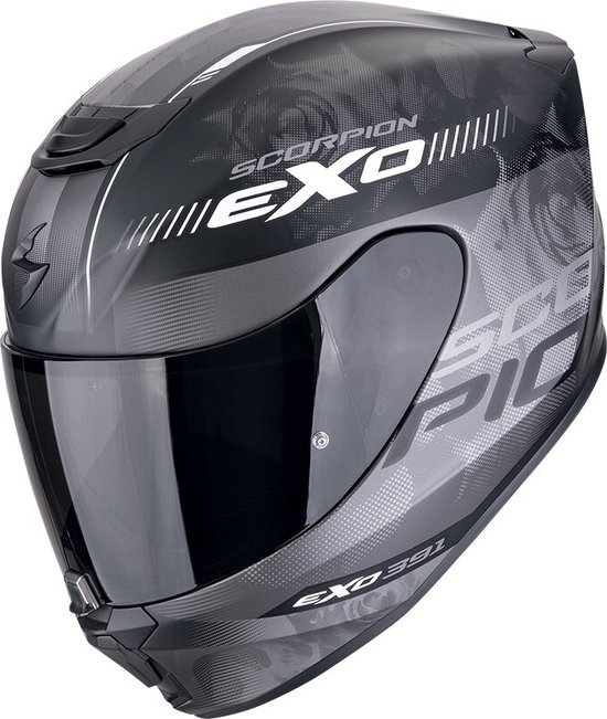 Casque intégral noir avec motif subtil de roses, texte argenté 'Scorpion EXO' et visière fumée.