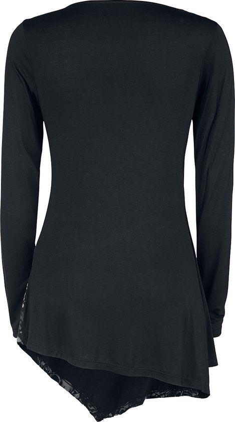 Achterkant van de zwarte longsleeve top met asymmetrische zoom en print.