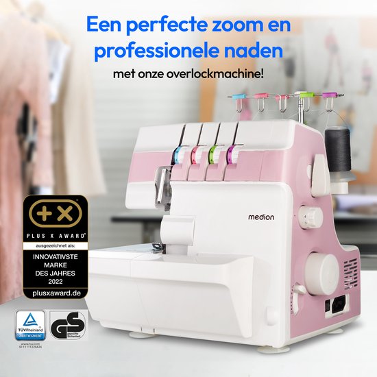 MEDION overlock naaimachine SO90 (elektrisch, 90 watt, LED-lampje, one-pass snijden, uitgebreide accessoires, MD19169) roze