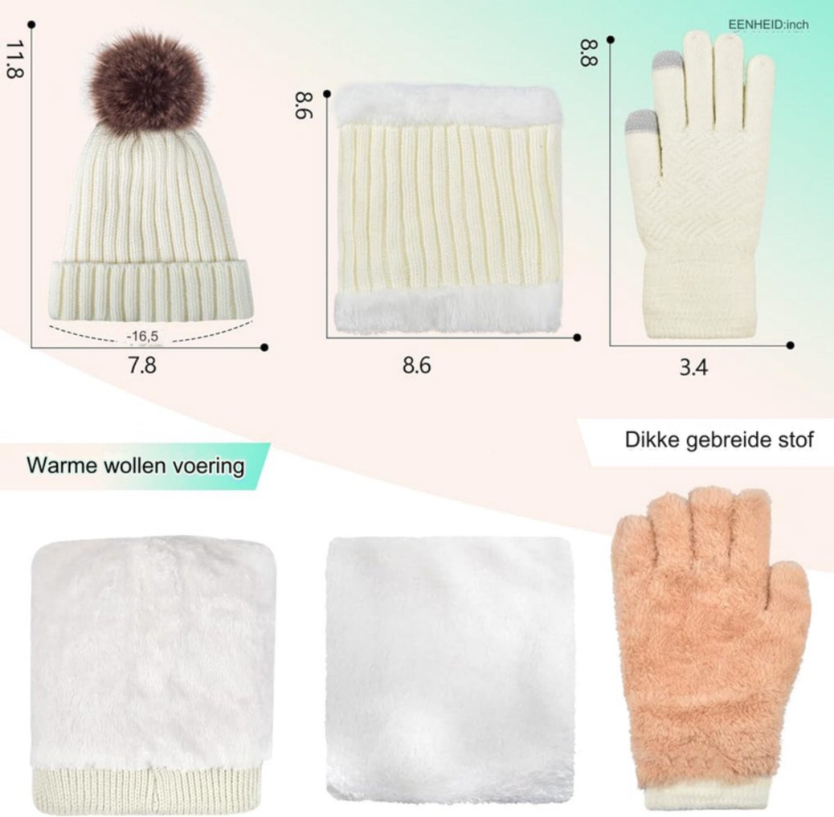 Winter Warm Fashion 3-delige set - Muts + Nekwarmer + Handschoenen - Dikke gebreide pompon, muts, losse handschoenen met touchscreen, sjaalset - Geschikt voor buitensportactiviteiten, beste geschenkset - Wit - 35*25*4 — cadeau in Mode & Accessoires - foto 3