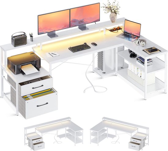 L-vormig Bureau met Lades - Grote Hoekbureau met LED Verlichting 180 x 100 cm Gaming Burea