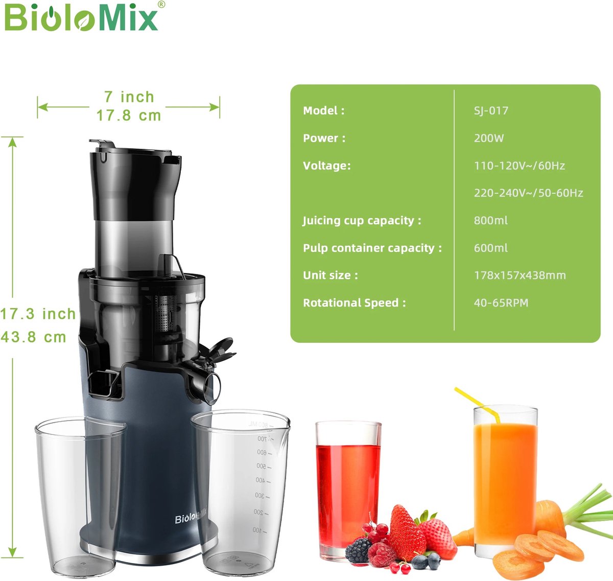 Slowjuicer - Sapcentrifuge Voor Fruit en Groente - 500ML - 200W - Koude Pers Juicer - Zwart thumbnail 6