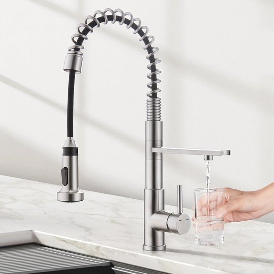 Hausharbor 3-Weg Kraan RVS, 360° Draaibaar Drinkwaterkraan met Uittrekbare Handdouche, 3 in 1 Keukenkraan Mengkraan met Waterfilter, 2 Hendels