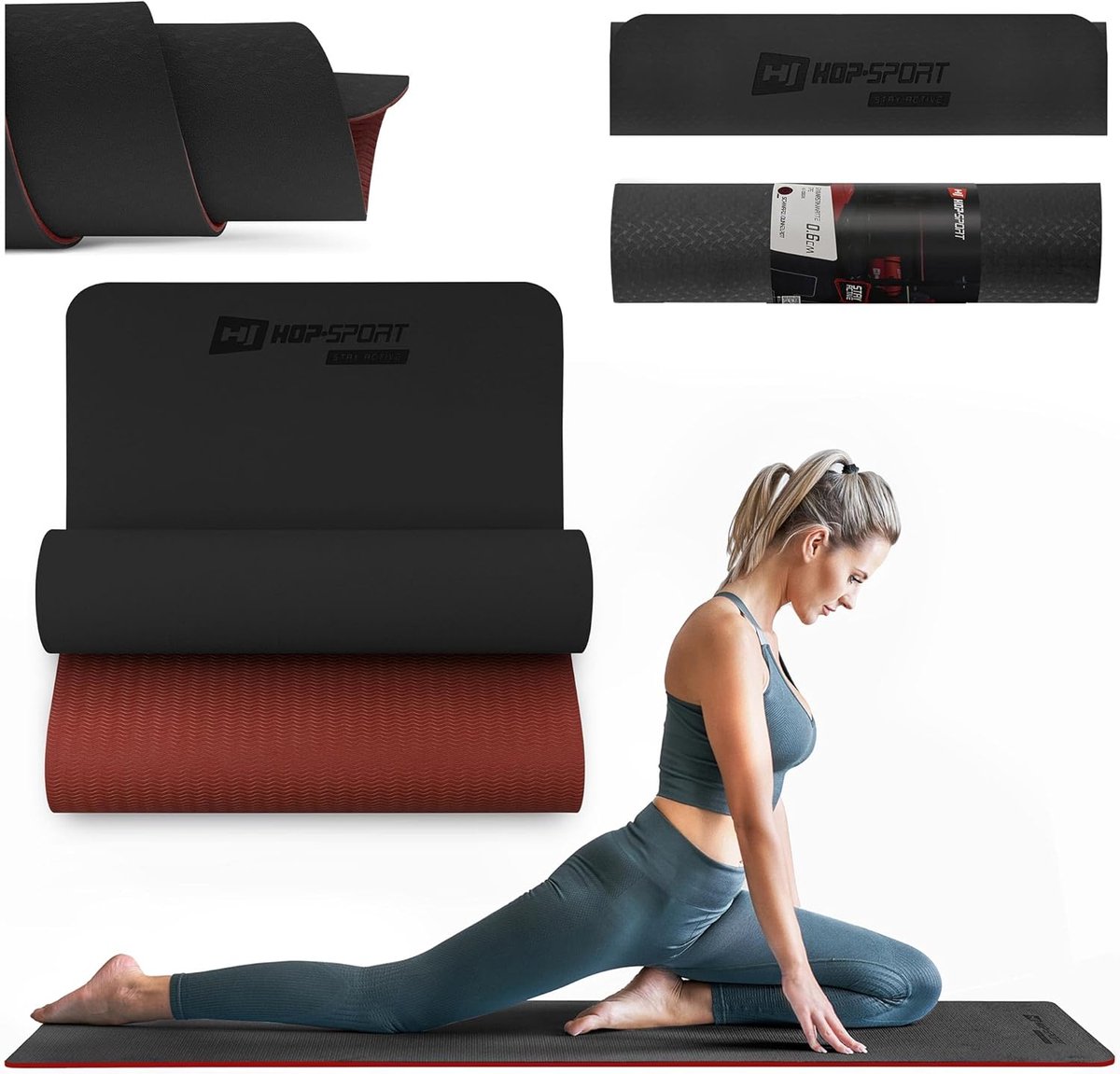 Hop-Sport Fitness Mat with Eyelets HS-T008GM Yoga Mat TPE Gymnastics Mat for Pilates is Non-Slip and Foldable - 183 x 61 x 0.8 cm, Grey