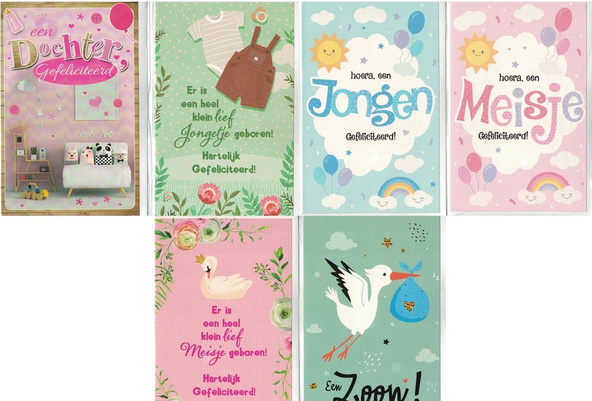 6 Luxe Wenskaarten - Geboorte Zoon / Dochter - 12x17cm - Gevouwen kaarten met enveloppen